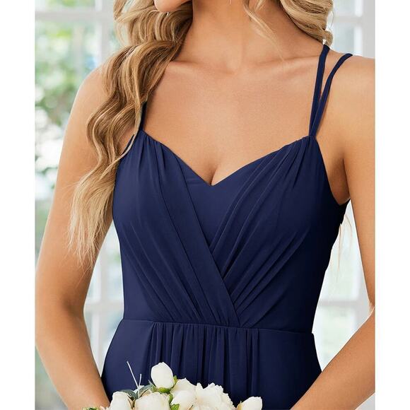 Azazie A-Line Pleated Chiffon Bridesmaid Dress Lace V Back in Navy Blue, Size A8 - Picture 5 of 13